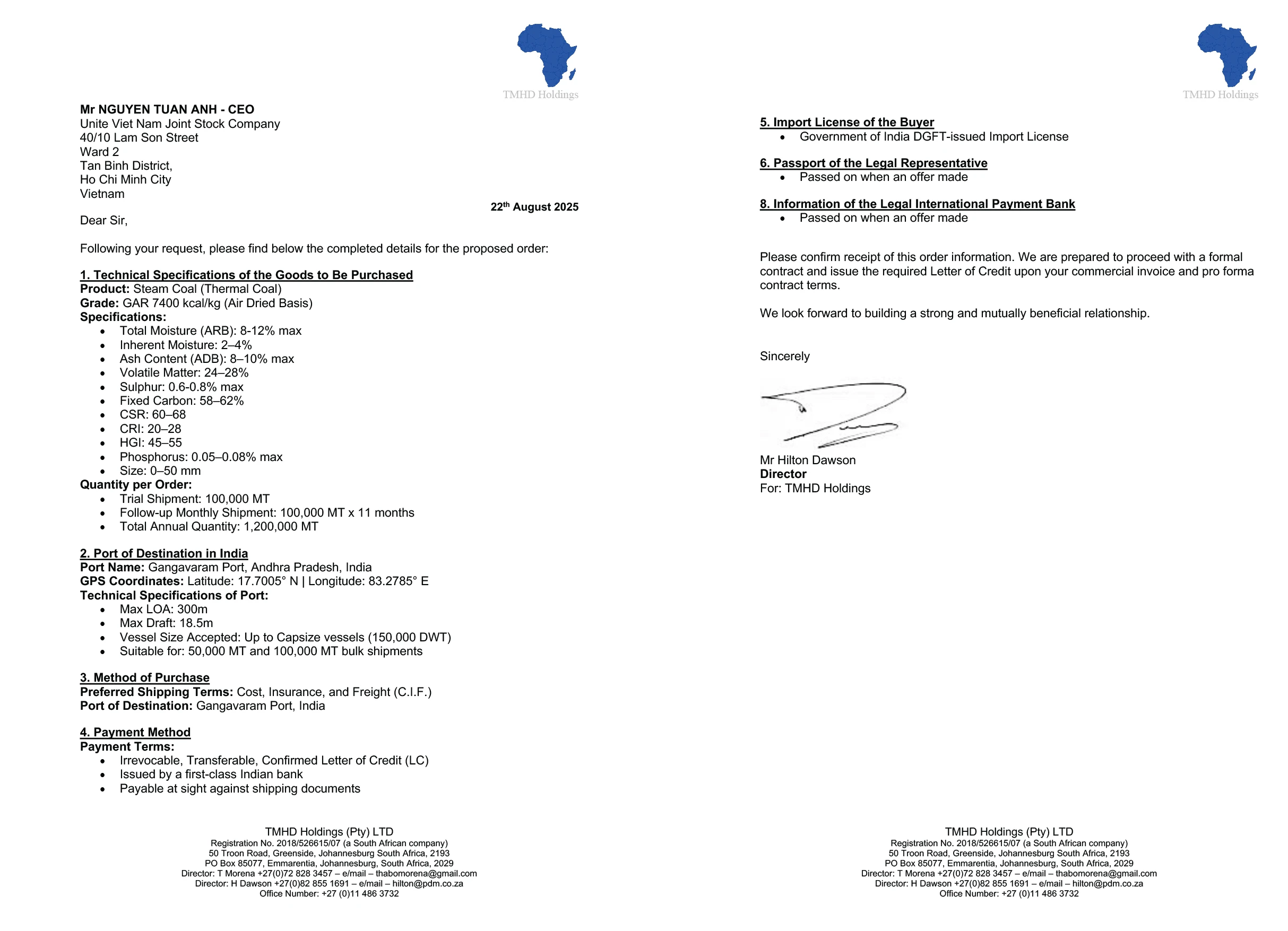 Indian coking coal purchase order
